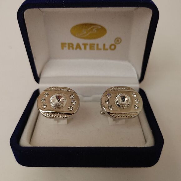 MEN'S FRATELLO SILVER CIRCULAR CUFFLINKS WITH 7 CLEAR STONES. - Picture 2 of 2